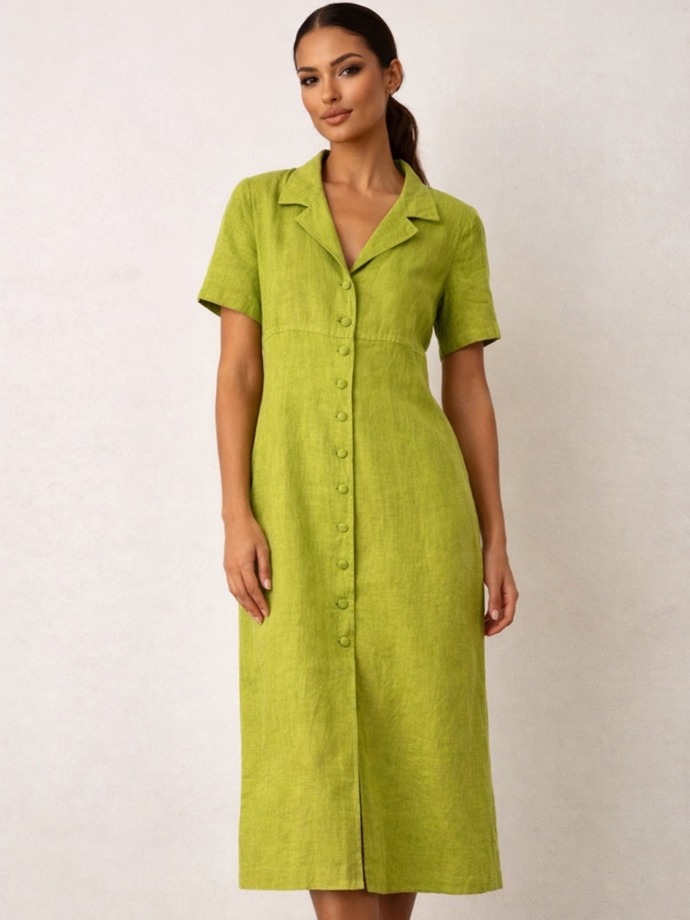 Vintage Club France Linen Dress Italy Size 16 Lime Green Midi